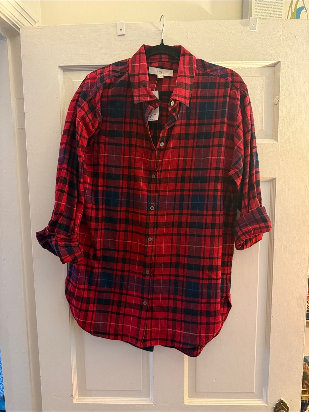 LOFT Red and Navy Plaid Button-Front Shirt